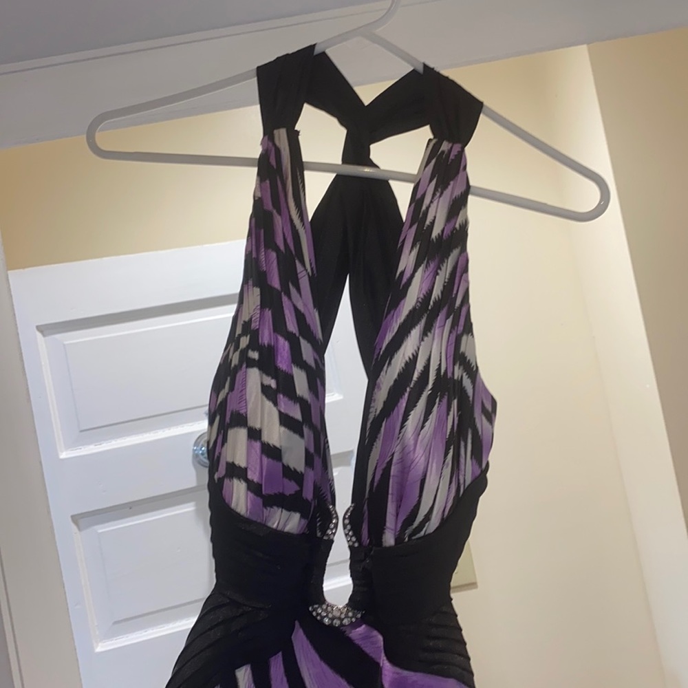 Purple/black/white prom dress with open back